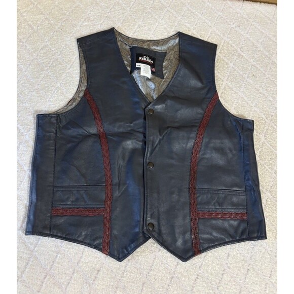 VTG 1990s F.G. Fermin Collection Navy Red Braided Leather Vest USA Made Size 42